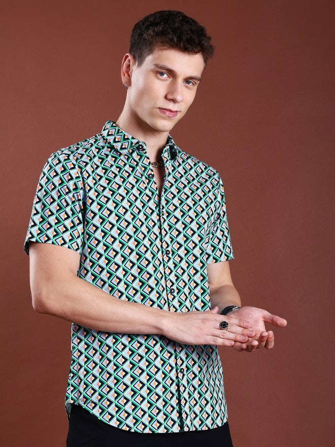 Highlander Men Green Printed Slim Fit Casual Shirt - Green - Image 6