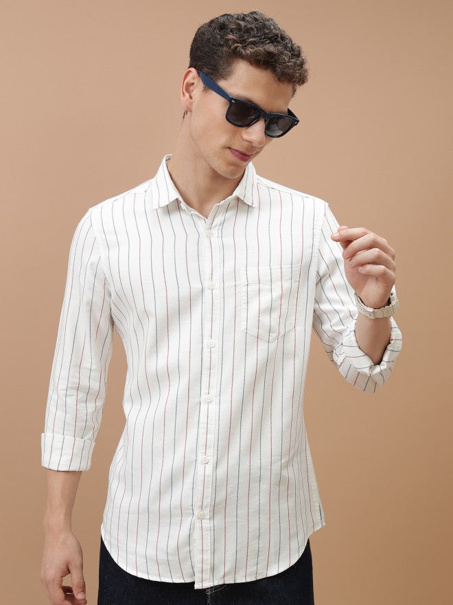 Highlander Men White/Blue/Red Slim Fit Casual Shirt - White - Image 1