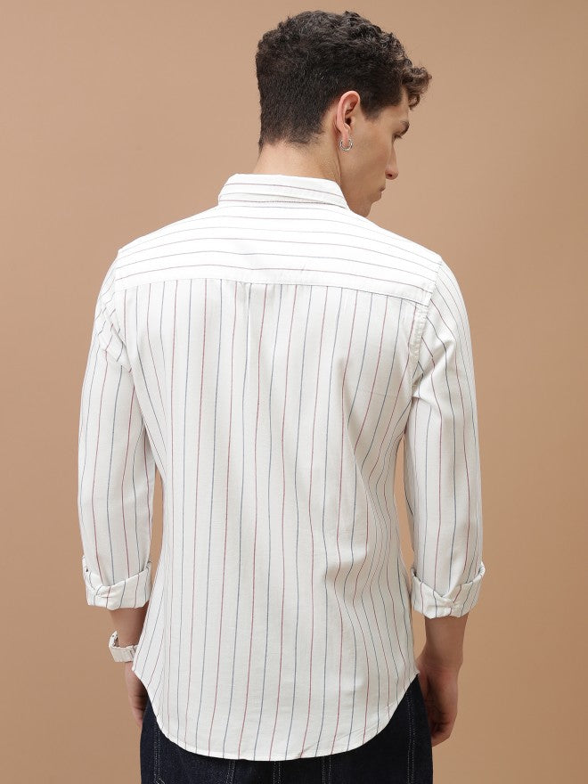 Highlander Men White/Blue/Red Slim Fit Casual Shirt - White - Image 3