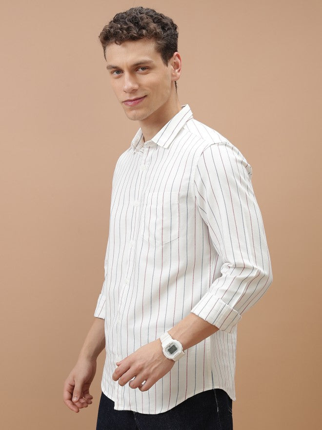 Highlander Men White/Blue/Red Slim Fit Casual Shirt - White - Image 4