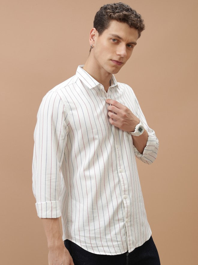 Highlander Men White/Blue/Red Slim Fit Casual Shirt - White - Image 6