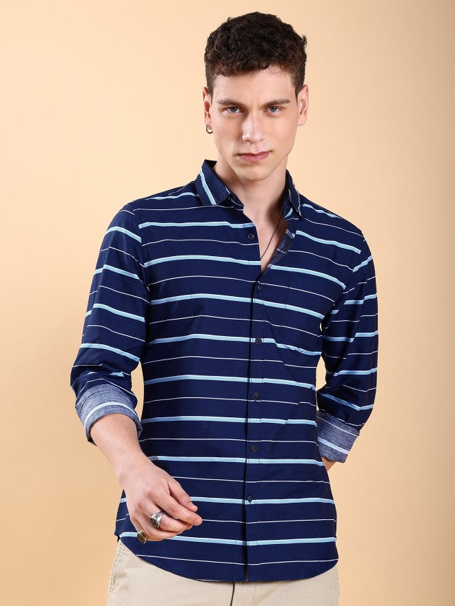 Highlander Men Navy Blue Striped Slim Fit Casual Shirts - Navy Blue - Image 1