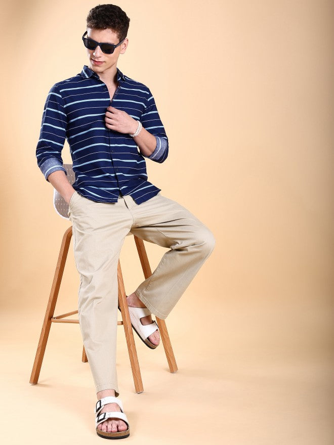 Highlander Men Navy Blue Striped Slim Fit Casual Shirts - Navy Blue - Image 2