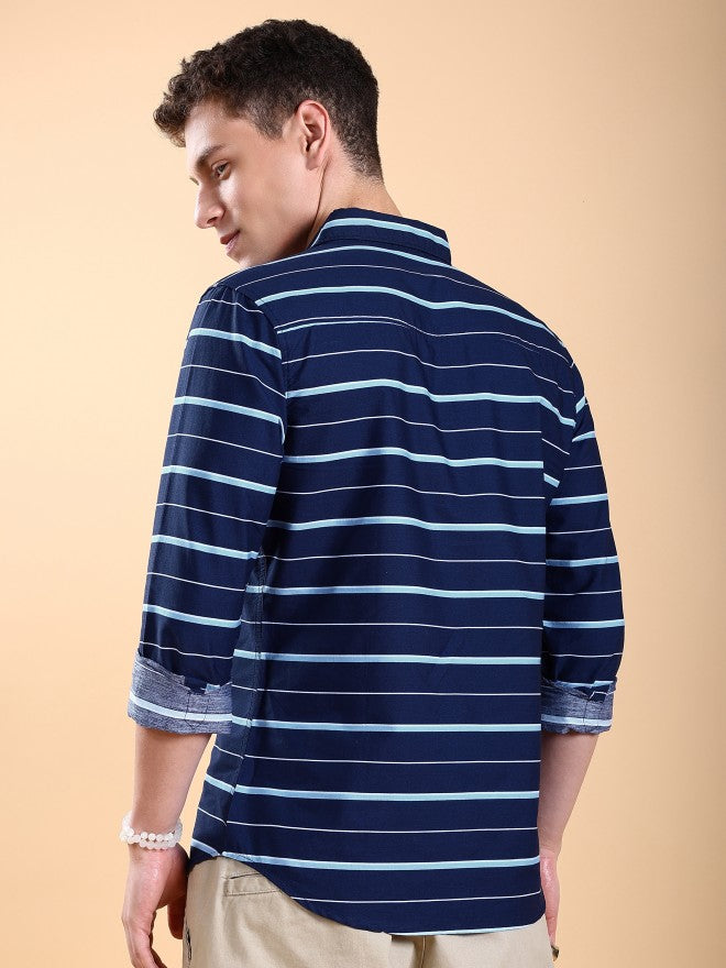 Highlander Men Navy Blue Striped Slim Fit Casual Shirts - Navy Blue - Image 3