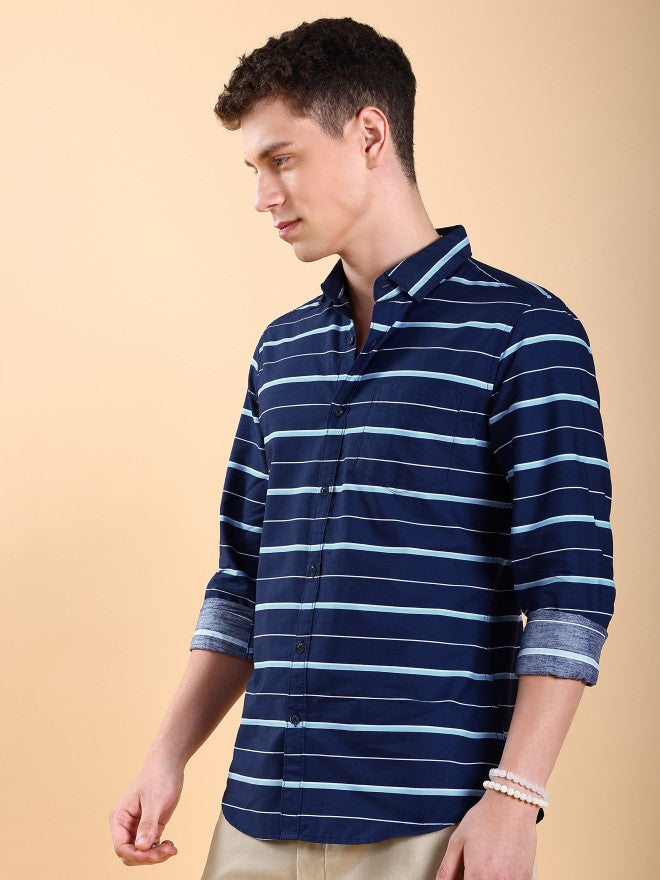Highlander Men Navy Blue Striped Slim Fit Casual Shirts - Navy Blue - Image 4