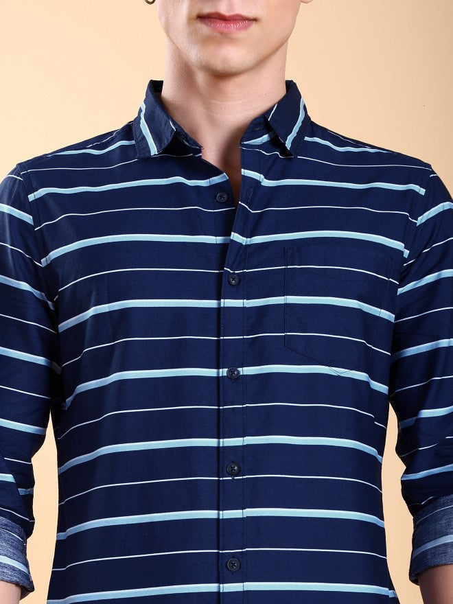 Highlander Men Navy Blue Striped Slim Fit Casual Shirts - Navy Blue - Image 5