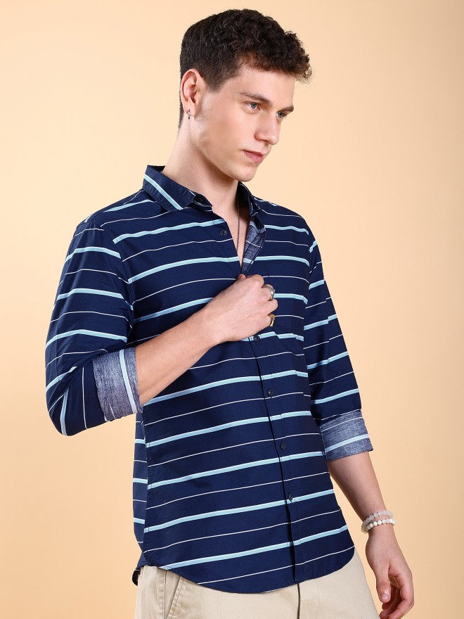 Highlander Men Navy Blue Striped Slim Fit Casual Shirts - Navy Blue - Image 6
