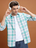 Highlander Men White/Mint Green Checked Slim Fit Casual Shirt - White - Image 1