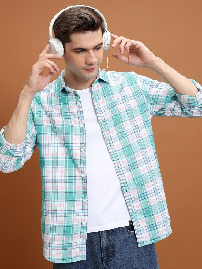 Highlander Men White/Mint Green Checked Slim Fit Casual Shirt - White - Image 1