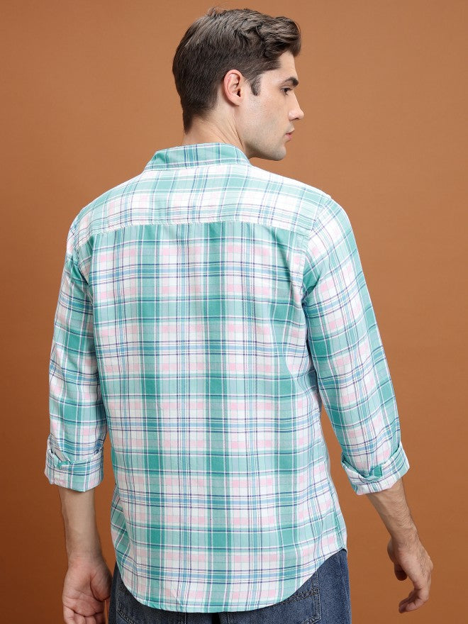 Highlander Men White/Mint Green Checked Slim Fit Casual Shirt - White - Image 3