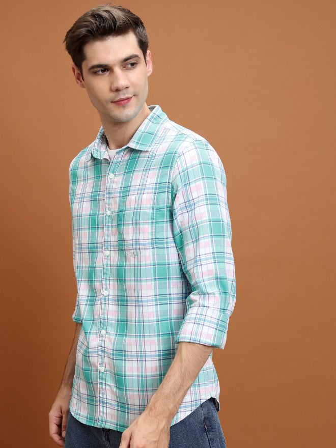 Highlander Men White/Mint Green Checked Slim Fit Casual Shirt - White - Image 4
