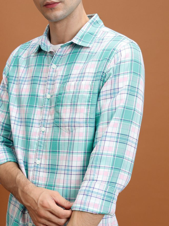 Highlander Men White/Mint Green Checked Slim Fit Casual Shirt - White - Image 5