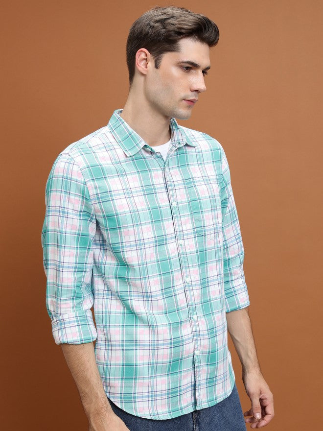 Highlander Men White/Mint Green Checked Slim Fit Casual Shirt - White - Image 6