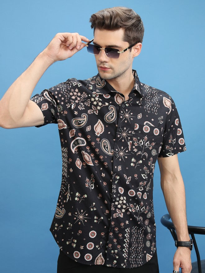 Highlander Men Black Printed Slim Fit Casual Shirt - Black - Image 1