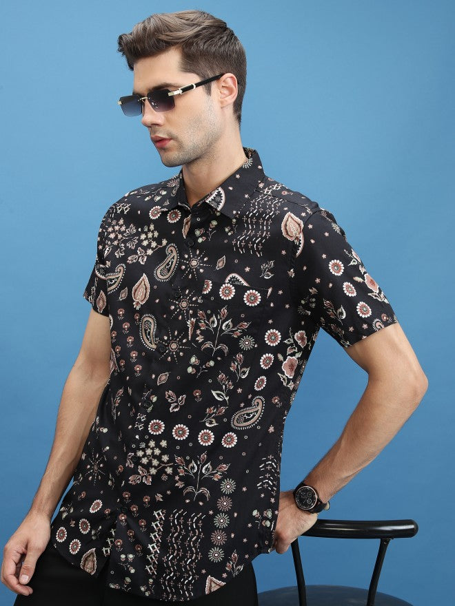 Highlander Men Black Printed Slim Fit Casual Shirt - Black - Image 4