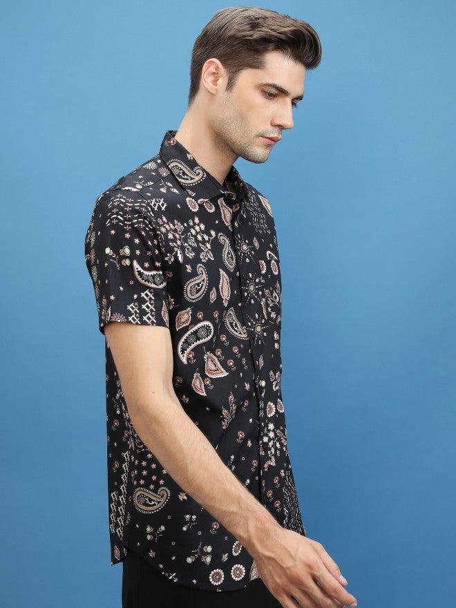 Highlander Men Black Printed Slim Fit Casual Shirt - Black - Image 6