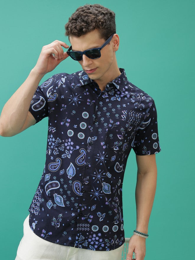 Highlander Men Navy Slim Fit Casual Shirt - Navy Blue - Image 1