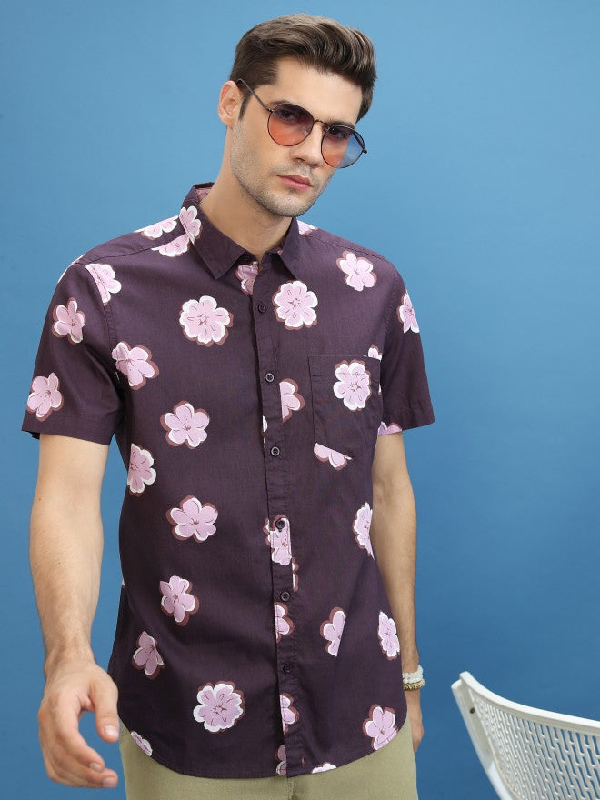 Highlander Men Plum Printed Slim Fit Casual Shirt - Purple - Image 1