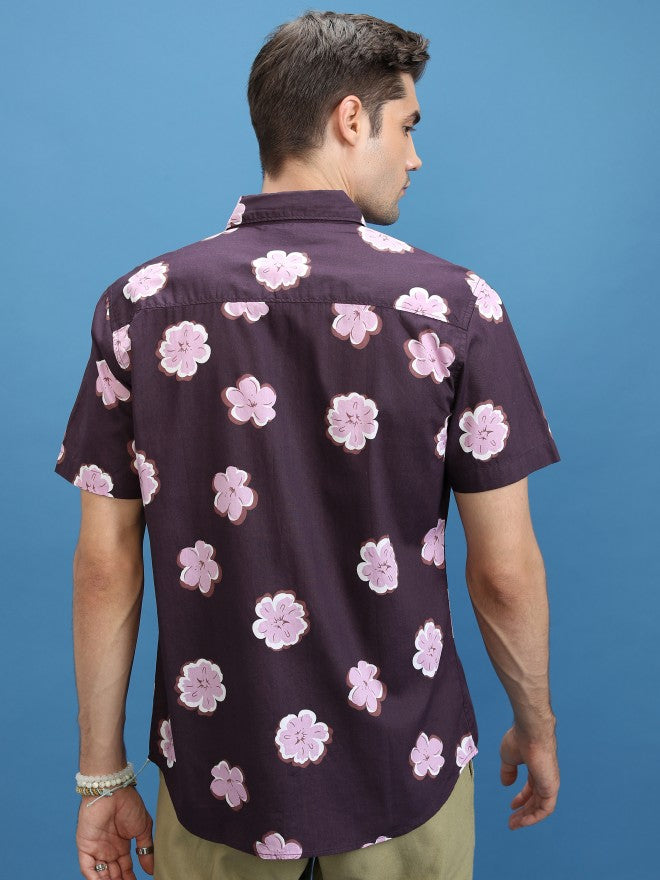 Highlander Men Plum Printed Slim Fit Casual Shirt - Purple - Image 3