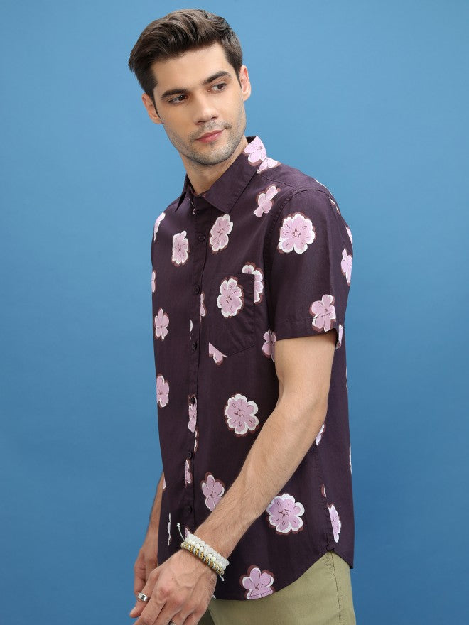 Highlander Men Plum Printed Slim Fit Casual Shirt - Purple - Image 4