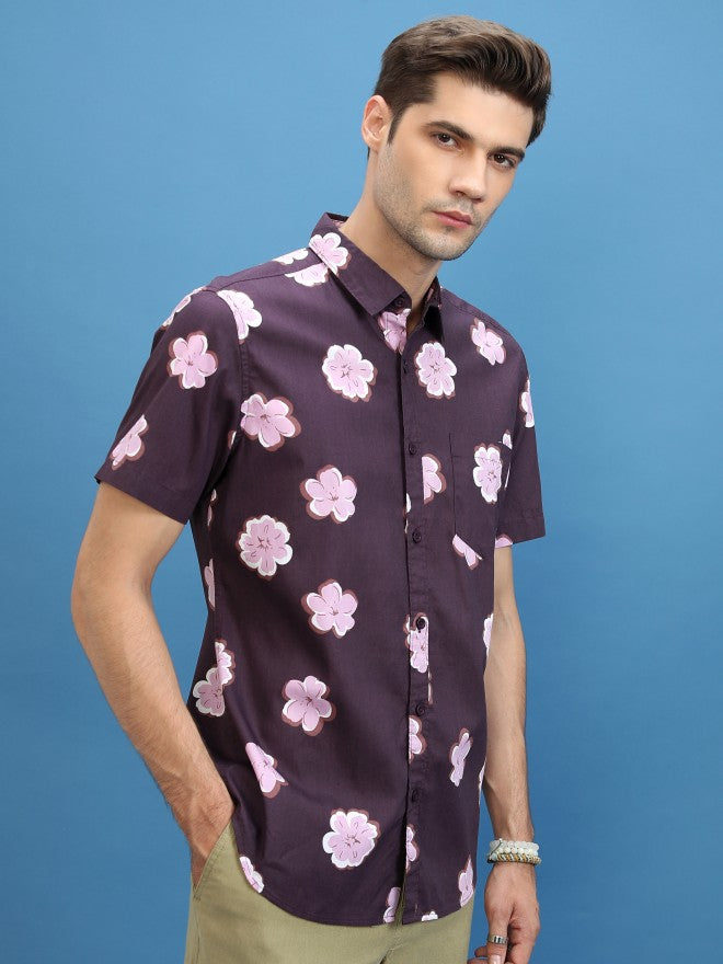Highlander Men Plum Printed Slim Fit Casual Shirt - Purple - Image 6