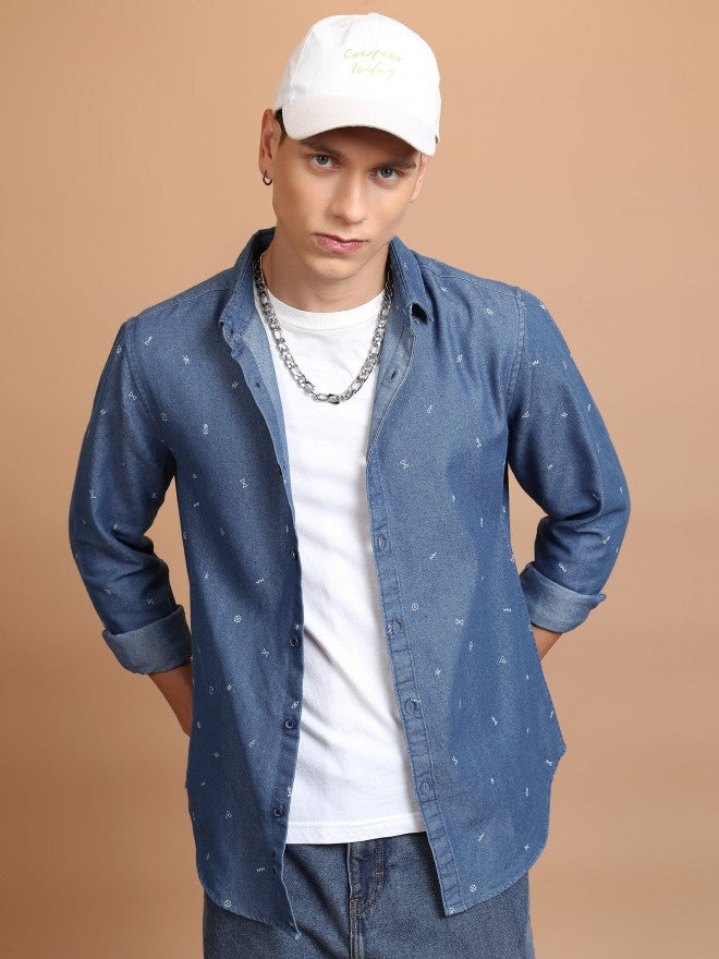 Highlander Men Blue Printed Slim Fit Casual Shirt - Blue - Image 1