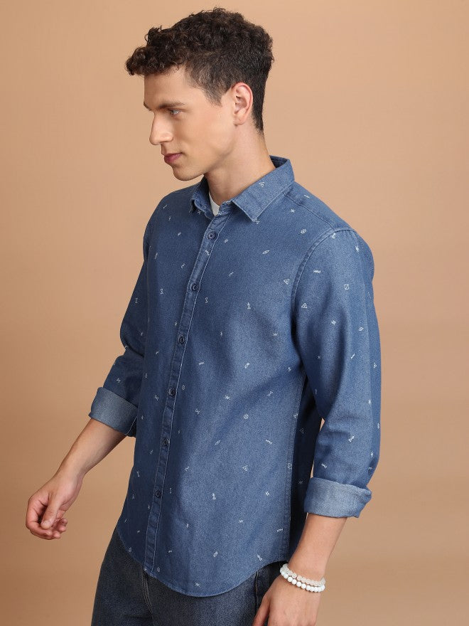 Highlander Men Blue Printed Slim Fit Casual Shirt - Blue - Image 4