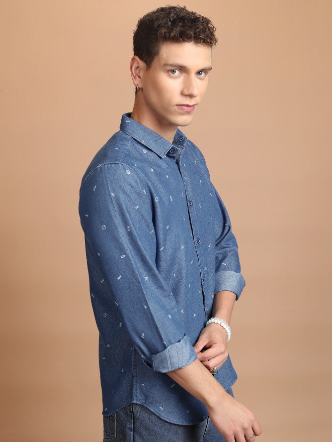 Highlander Men Blue Printed Slim Fit Casual Shirt - Blue - Image 6