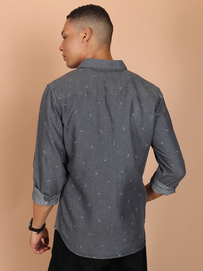 Highlander Men Grey Printed Slim Fit Casual Shirts - Grey - Image 3