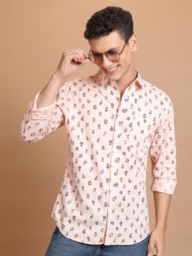 Highlander Men Peach Printed Slim Fit Casual Shirt - Peach - Image 1