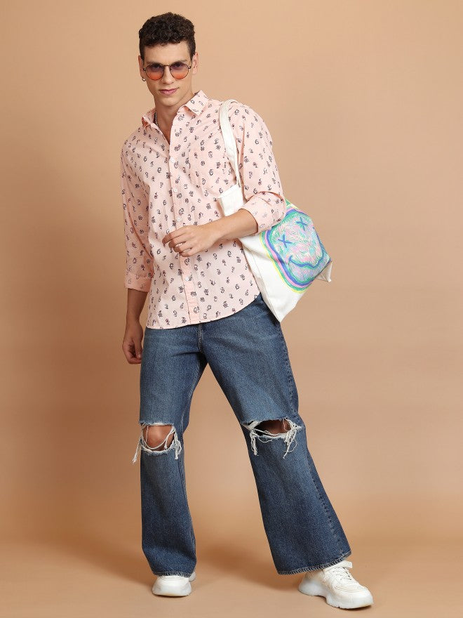 Highlander Men Peach Printed Slim Fit Casual Shirt - Peach - Image 2