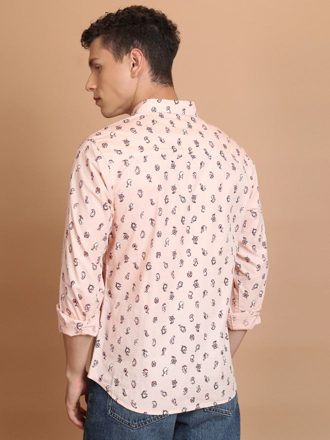 Highlander Men Peach Printed Slim Fit Casual Shirt - Peach - Image 3