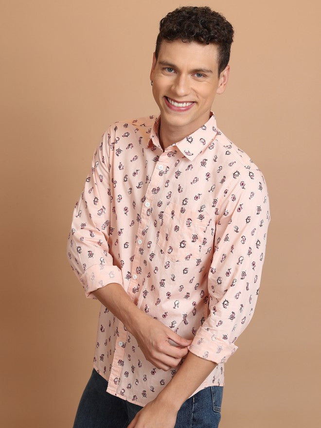 Highlander Men Peach Printed Slim Fit Casual Shirt - Peach - Image 4
