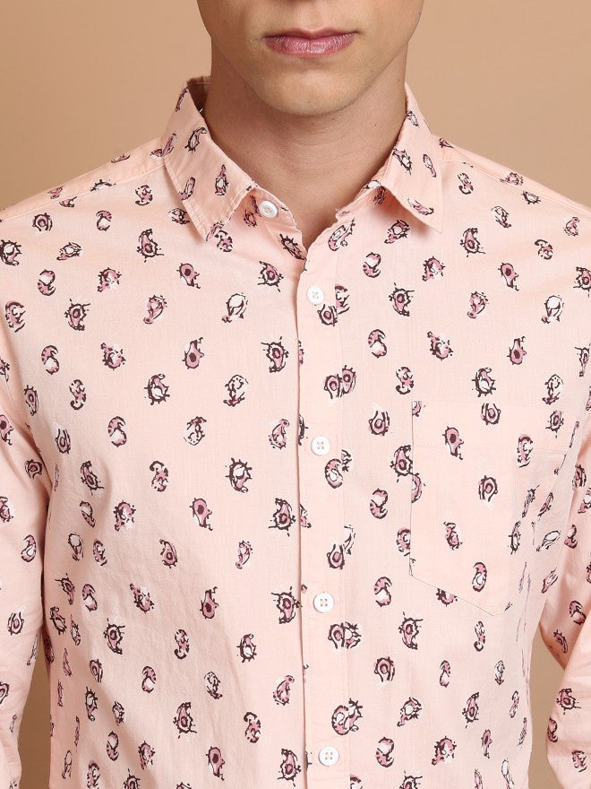 Highlander Men Peach Printed Slim Fit Casual Shirt - Peach - Image 5