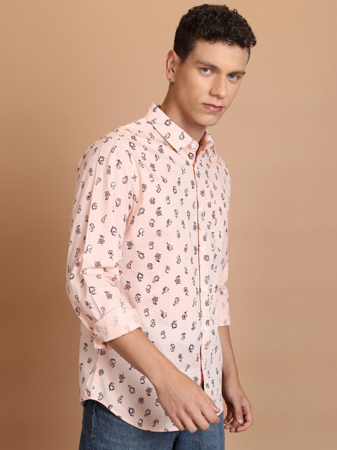Highlander Men Peach Printed Slim Fit Casual Shirt - Peach - Image 6