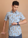 Highlander Men Light Blue Printed Slim Fit Casual Shirt - Blue - Image 1