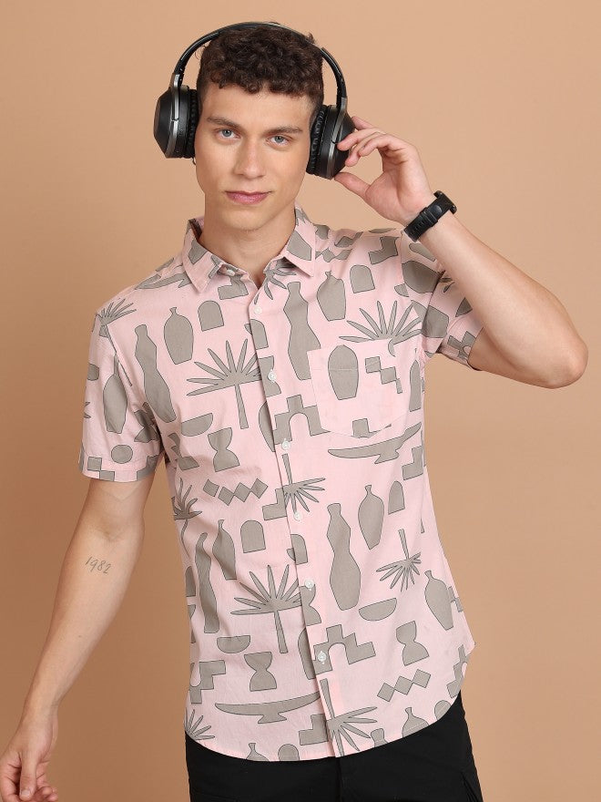Highlander Men Pink Printed Slim Fit Casual Shirt - Pink - Image 1