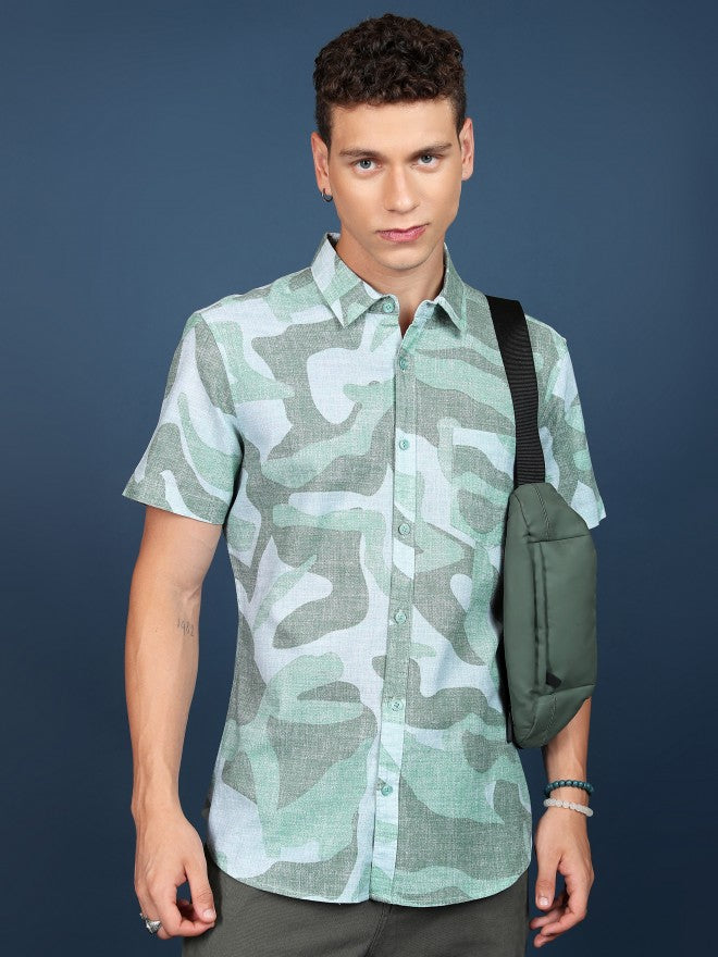 Highlander Men Light Green Printed Slim Fit Casual Shirt - Green - Image 1