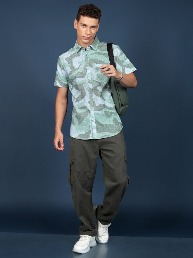Highlander Men Light Green Printed Slim Fit Casual Shirt - Green - Image 2
