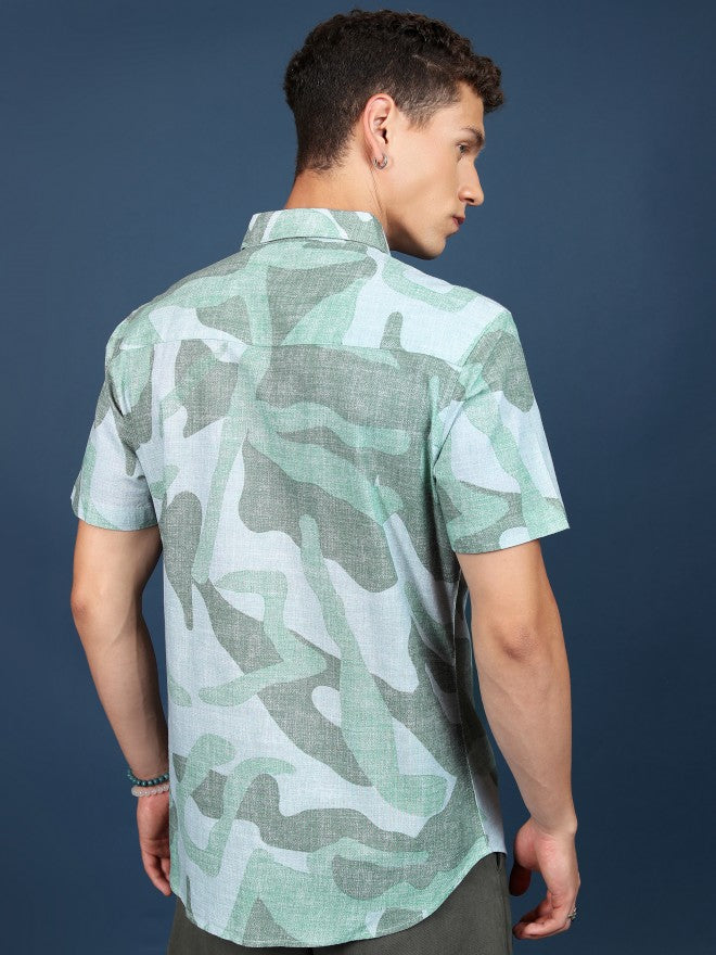 Highlander Men Light Green Printed Slim Fit Casual Shirt - Green - Image 3