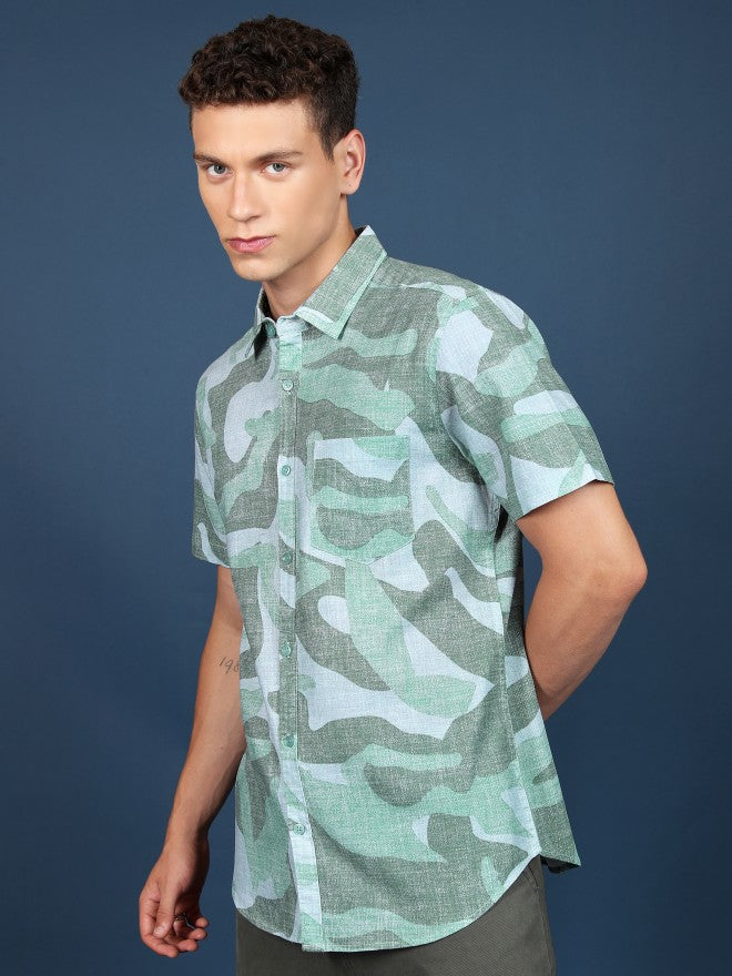 Highlander Men Light Green Printed Slim Fit Casual Shirt - Green - Image 4