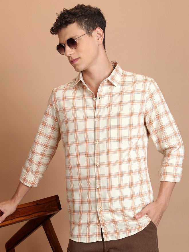 Highlander Men Ecru Checked Slim Fit Casual Shirt - Beige - Image 1