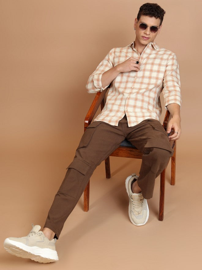 Highlander Men Ecru Checked Slim Fit Casual Shirt - Beige - Image 2