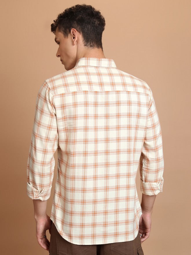 Highlander Men Ecru Checked Slim Fit Casual Shirt - Beige - Image 3