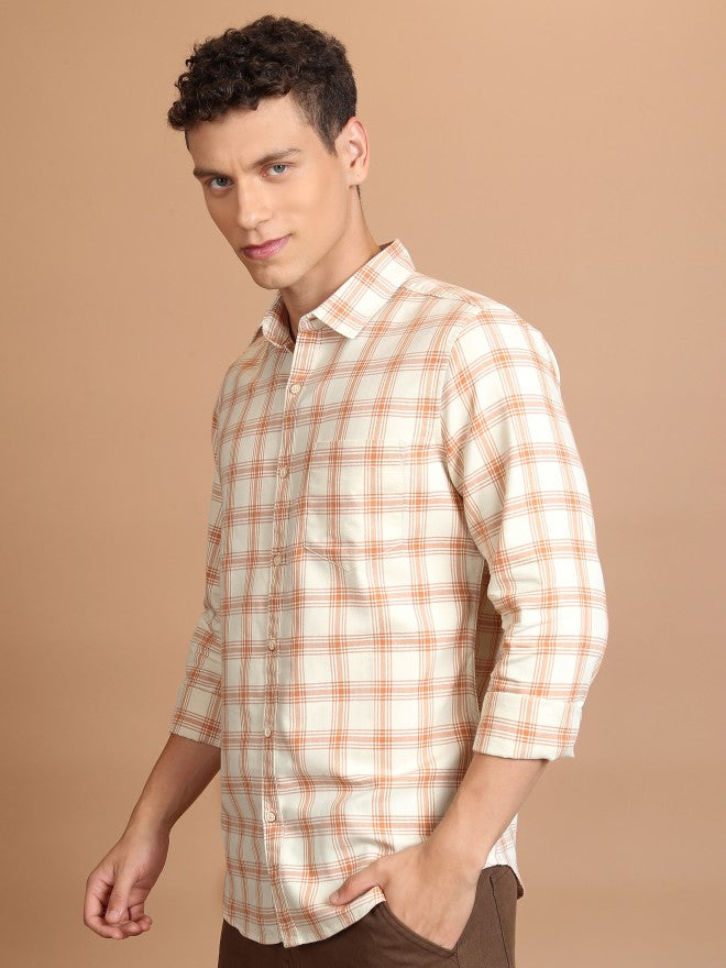 Highlander Men Ecru Checked Slim Fit Casual Shirt - Beige - Image 4