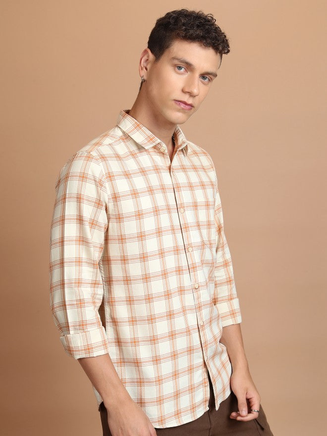 Highlander Men Ecru Checked Slim Fit Casual Shirt - Beige - Image 6