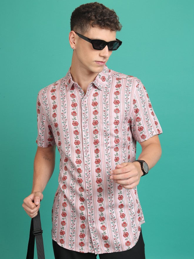 Highlander Men Dusky Pink Printed Slim Fit Casual Shirt - Pink - Image 1
