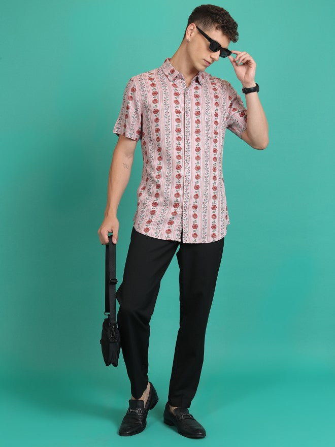 Highlander Men Dusky Pink Printed Slim Fit Casual Shirt - Pink - Image 2