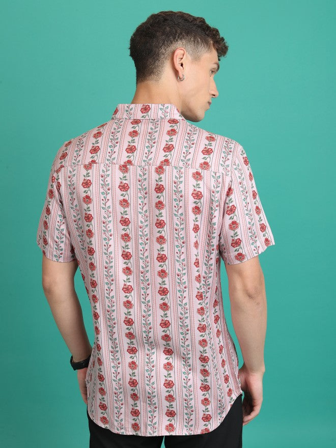 Highlander Men Dusky Pink Printed Slim Fit Casual Shirt - Pink - Image 3