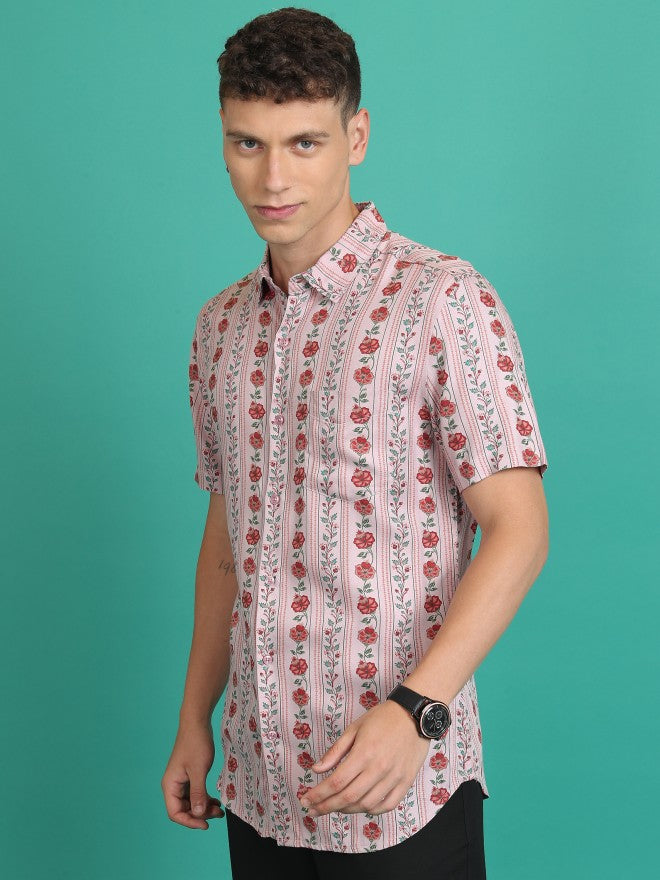 Highlander Men Dusky Pink Printed Slim Fit Casual Shirt - Pink - Image 4